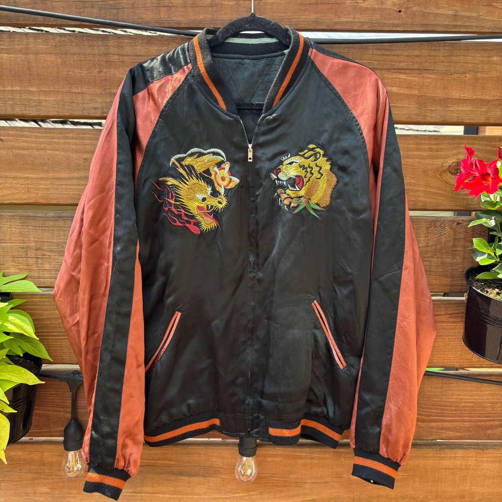 Unbranded Sukajan Bomber Jacket Mens L Black Orange Dragon Tiger Embroidered